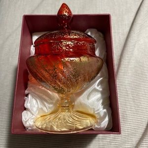 COPY - Venetian Mirho Glass Covered Compote Footed Dish Red and Gold Delicate G…